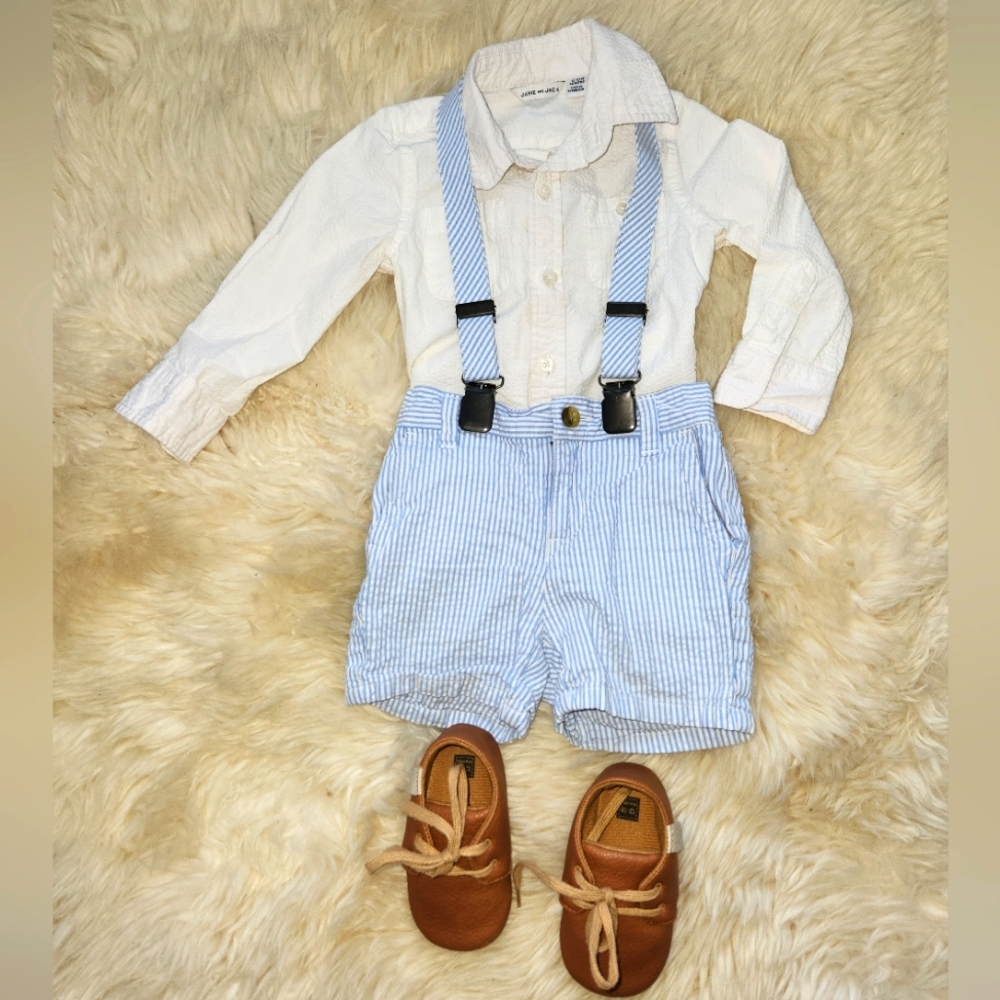 Janie & Jack seersucker boys outfit with tan shoes (12-18mos)